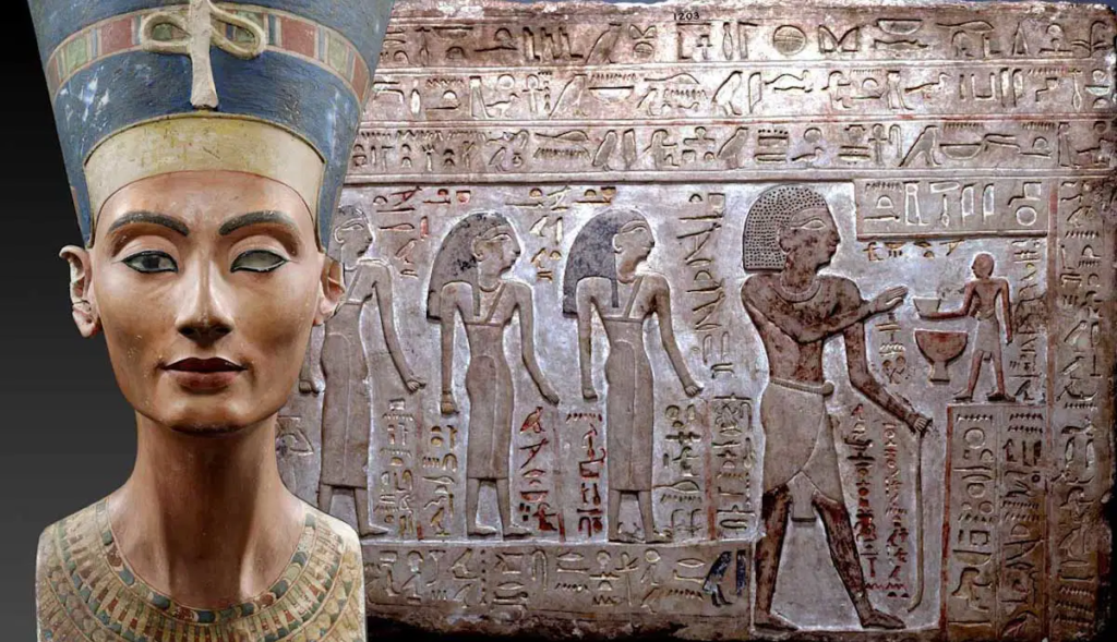 Bust of Queen Nefertiti alongside a carved Old Kingdom Egyptian relief with hieroglyphics and human figures.